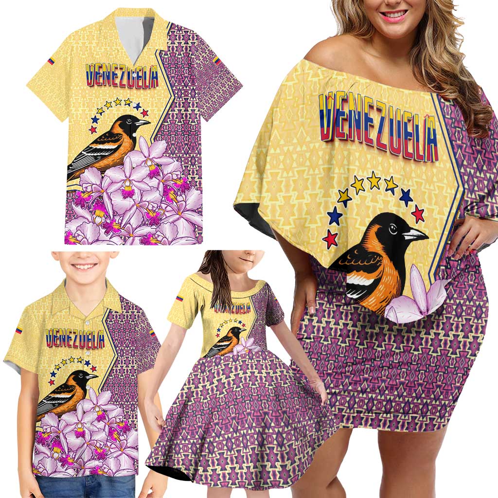Venezuela Family Matching Off Shoulder Short Dress and Hawaiian Shirt with National Bird Orchid Flower Coat of Arms Spirit