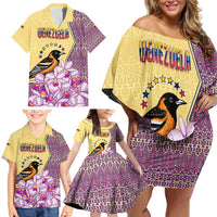Venezuela Family Matching Off Shoulder Short Dress and Hawaiian Shirt with National Bird Orchid Flower Coat of Arms Spirit