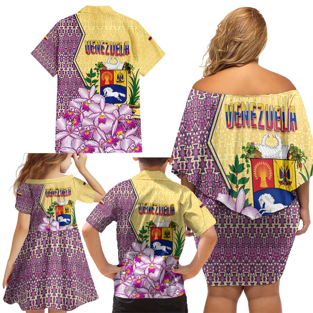 Venezuela Family Matching Off Shoulder Short Dress and Hawaiian Shirt with National Bird Orchid Flower Coat of Arms Spirit