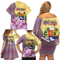 Venezuela Family Matching Off Shoulder Short Dress and Hawaiian Shirt with National Bird Orchid Flower Coat of Arms Spirit