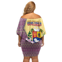 Venezuela Family Matching Off Shoulder Short Dress and Hawaiian Shirt with National Bird Orchid Flower Coat of Arms Spirit