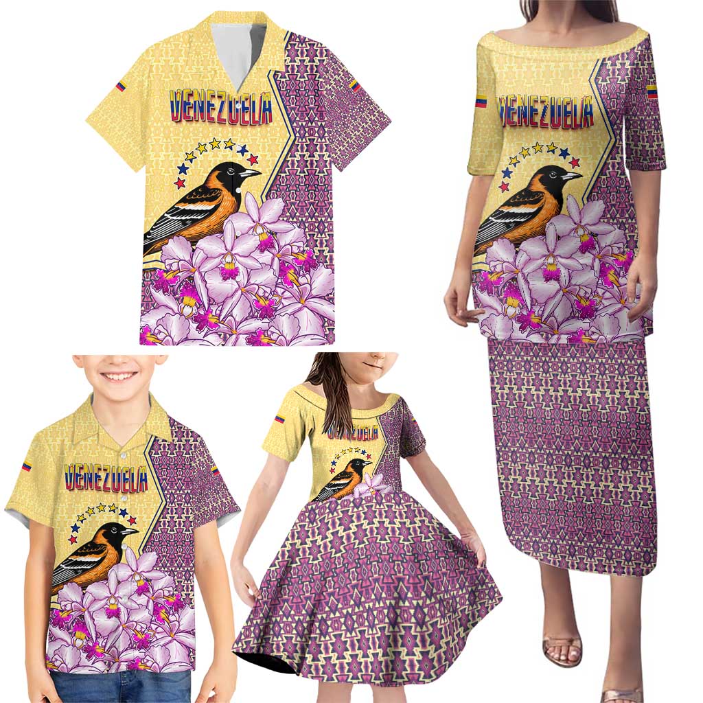 Venezuela Family Matching Puletasi and Hawaiian Shirt with National Bird Orchid Flower Coat of Arms Spirit
