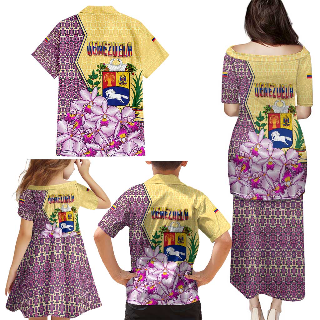 Venezuela Family Matching Puletasi and Hawaiian Shirt with National Bird Orchid Flower Coat of Arms Spirit