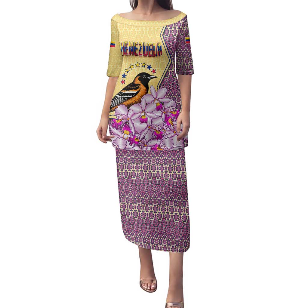 Venezuela Family Matching Puletasi and Hawaiian Shirt with National Bird Orchid Flower Coat of Arms Spirit