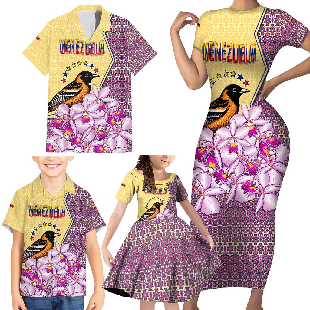 Venezuela Family Matching Short Sleeve Bodycon Dress and Hawaiian Shirt with National Bird Orchid Flower Coat of Arms Spirit