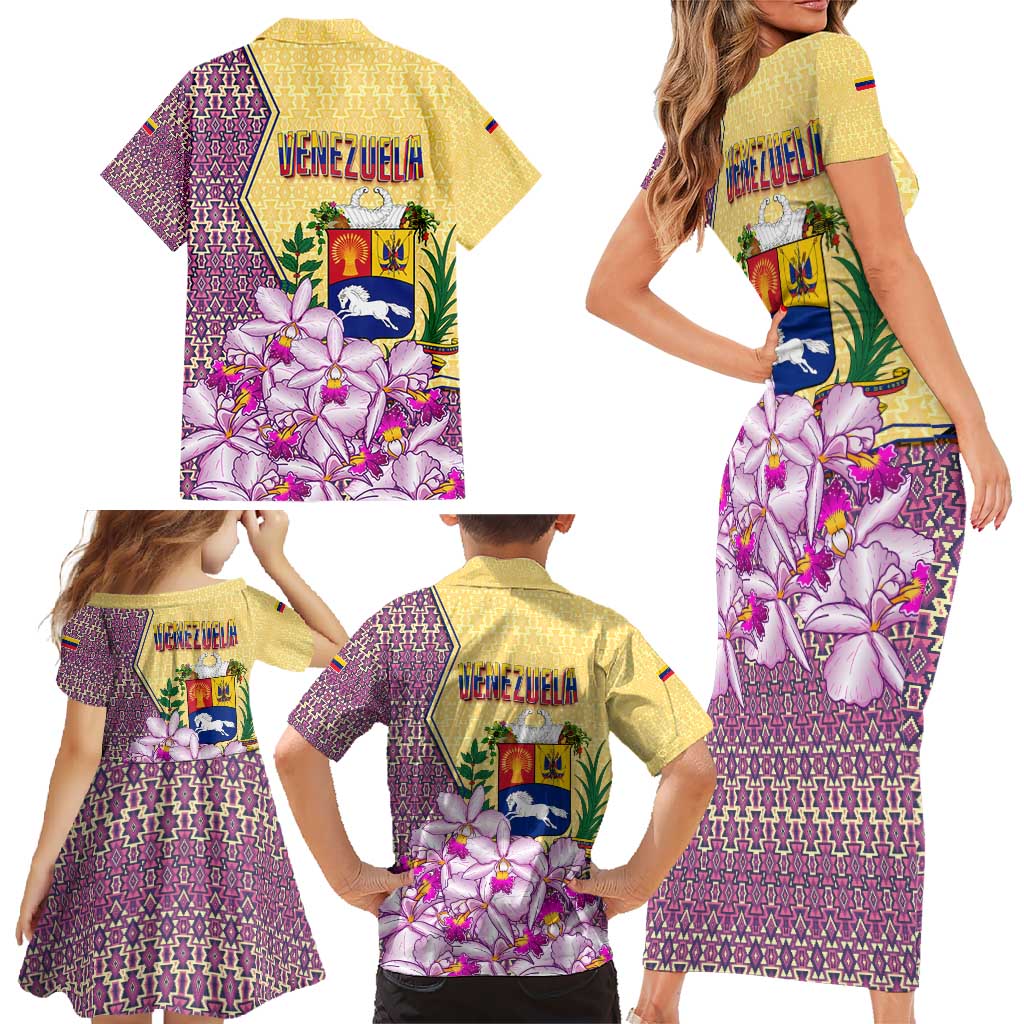 Venezuela Family Matching Short Sleeve Bodycon Dress and Hawaiian Shirt with National Bird Orchid Flower Coat of Arms Spirit