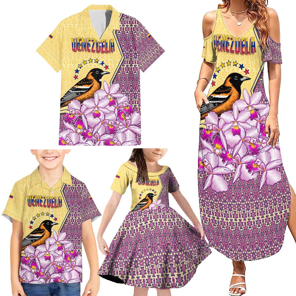 Venezuela Family Matching Summer Maxi Dress and Hawaiian Shirt with National Bird Orchid Flower Coat of Arms Spirit
