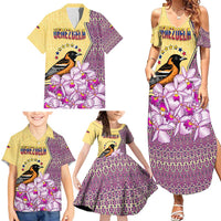 Venezuela Family Matching Summer Maxi Dress and Hawaiian Shirt with National Bird Orchid Flower Coat of Arms Spirit