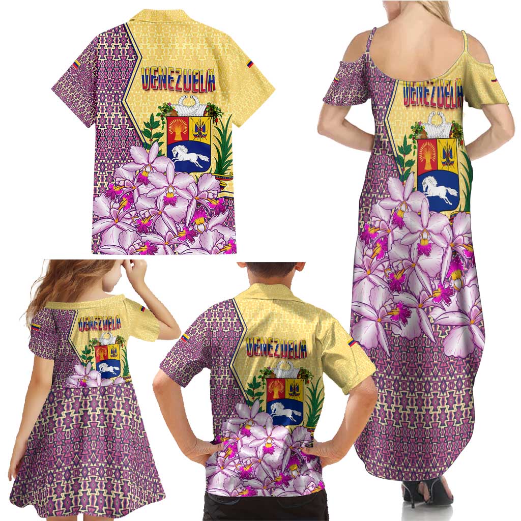 Venezuela Family Matching Summer Maxi Dress and Hawaiian Shirt with National Bird Orchid Flower Coat of Arms Spirit
