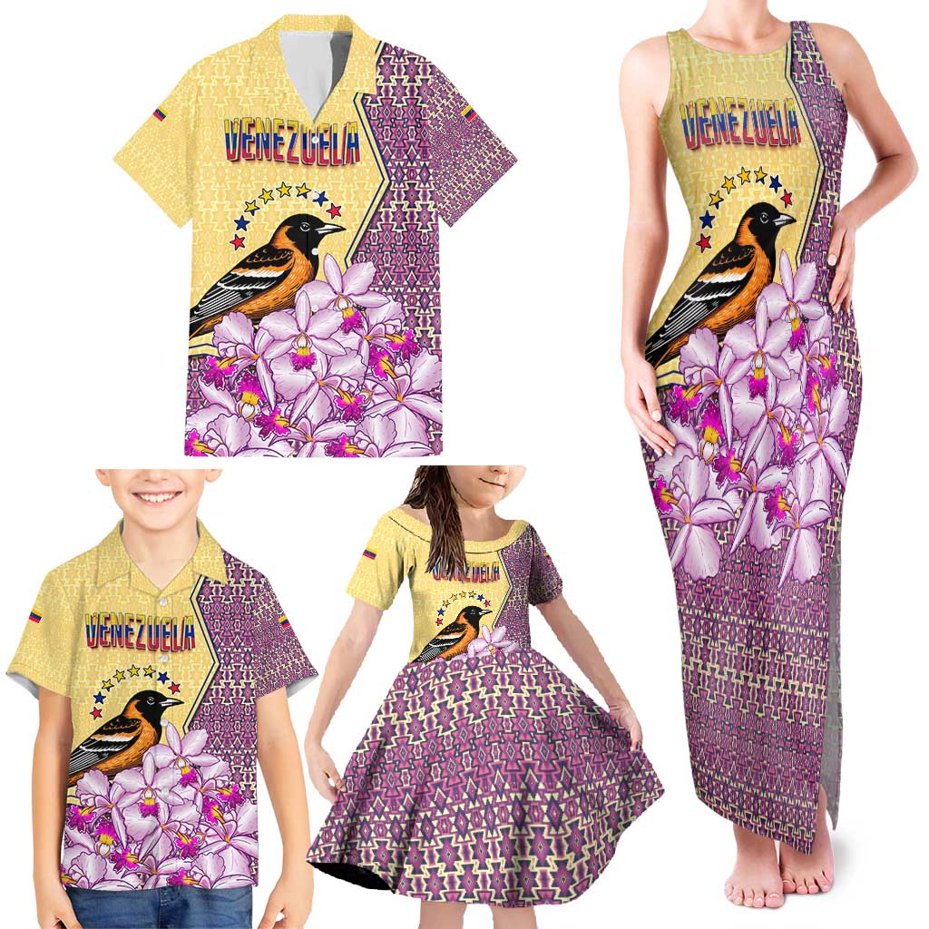 Venezuela Family Matching Tank Maxi Dress and Hawaiian Shirt with National Bird Orchid Flower Coat of Arms Spirit