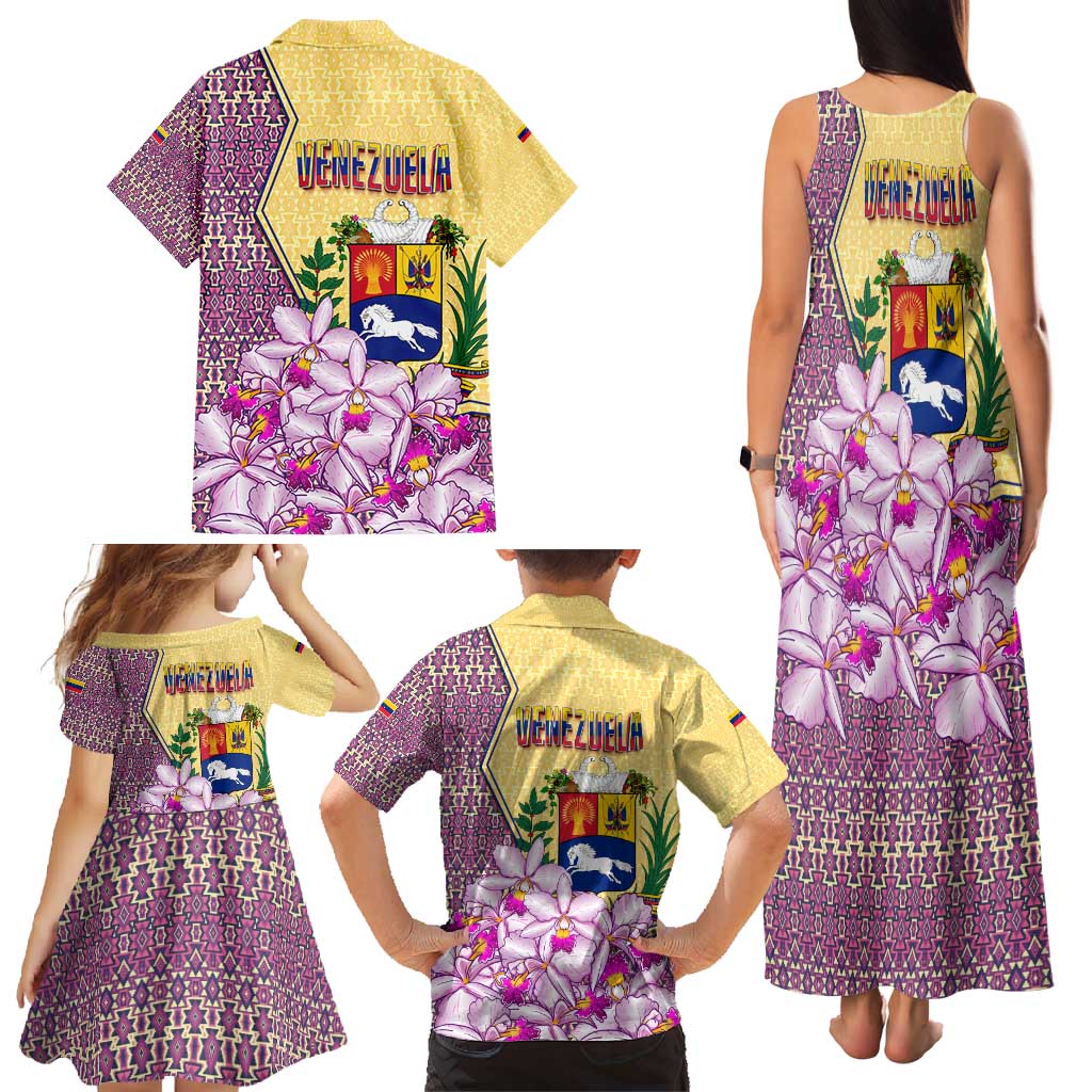 Venezuela Family Matching Tank Maxi Dress and Hawaiian Shirt with National Bird Orchid Flower Coat of Arms Spirit