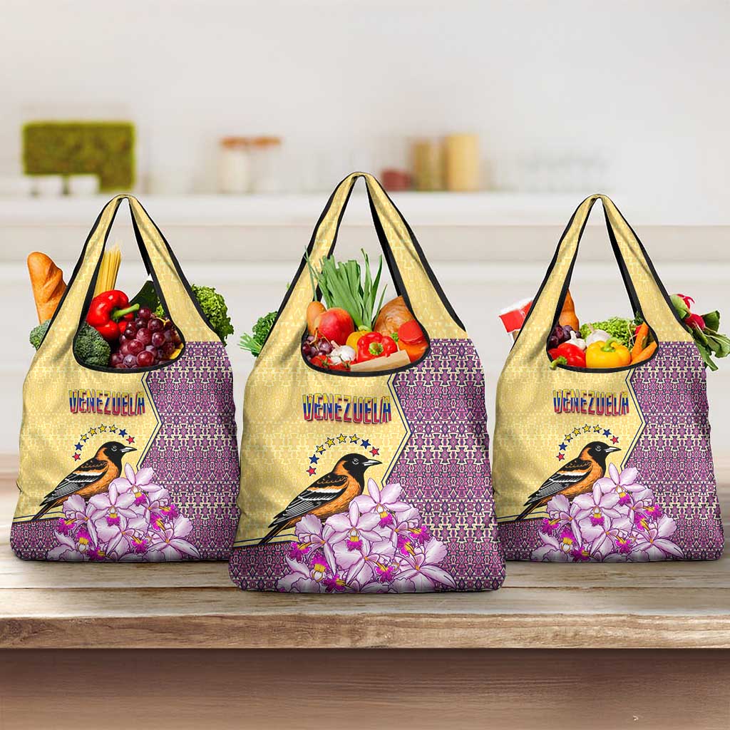Venezuela Grocery Bag with National Bird Orchid Flower Coat of Arms Spirit
