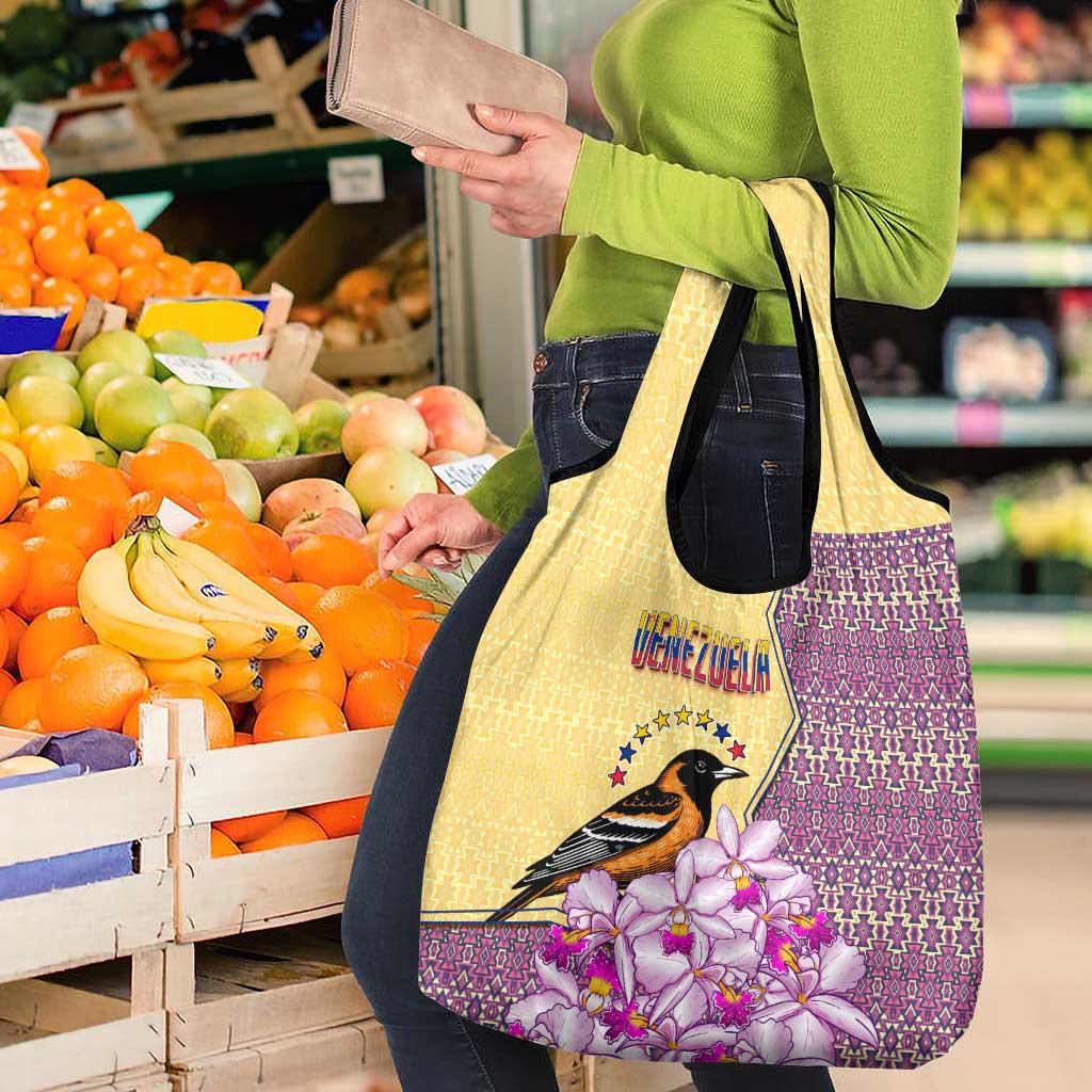 Venezuela Grocery Bag with National Bird Orchid Flower Coat of Arms Spirit