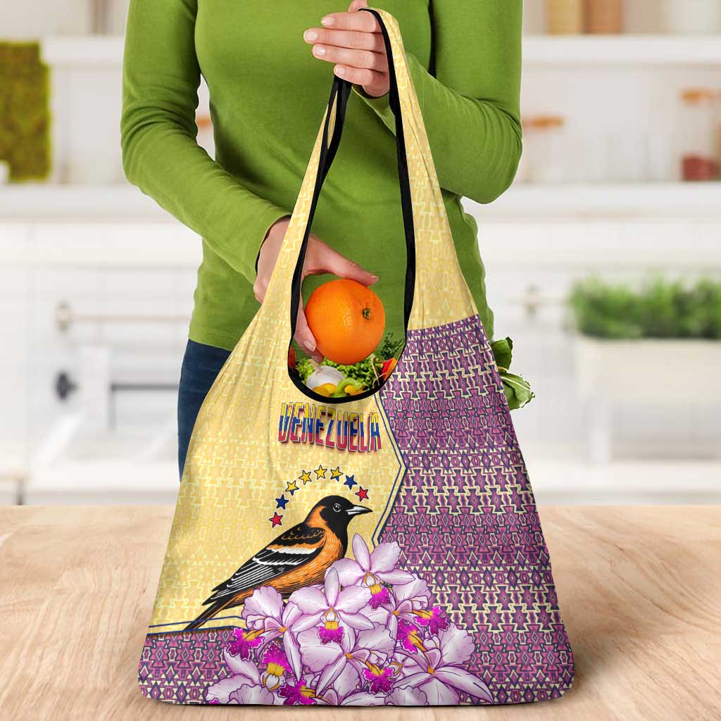 Venezuela Grocery Bag with National Bird Orchid Flower Coat of Arms Spirit