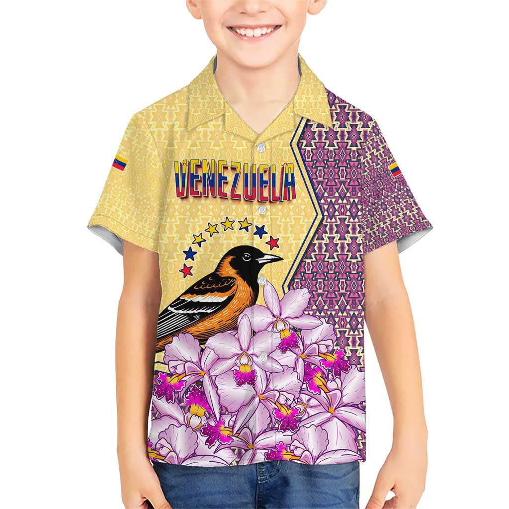 Venezuela Kid Hawaiian Shirt with National Bird Orchid Flower Coat of Arms Spirit