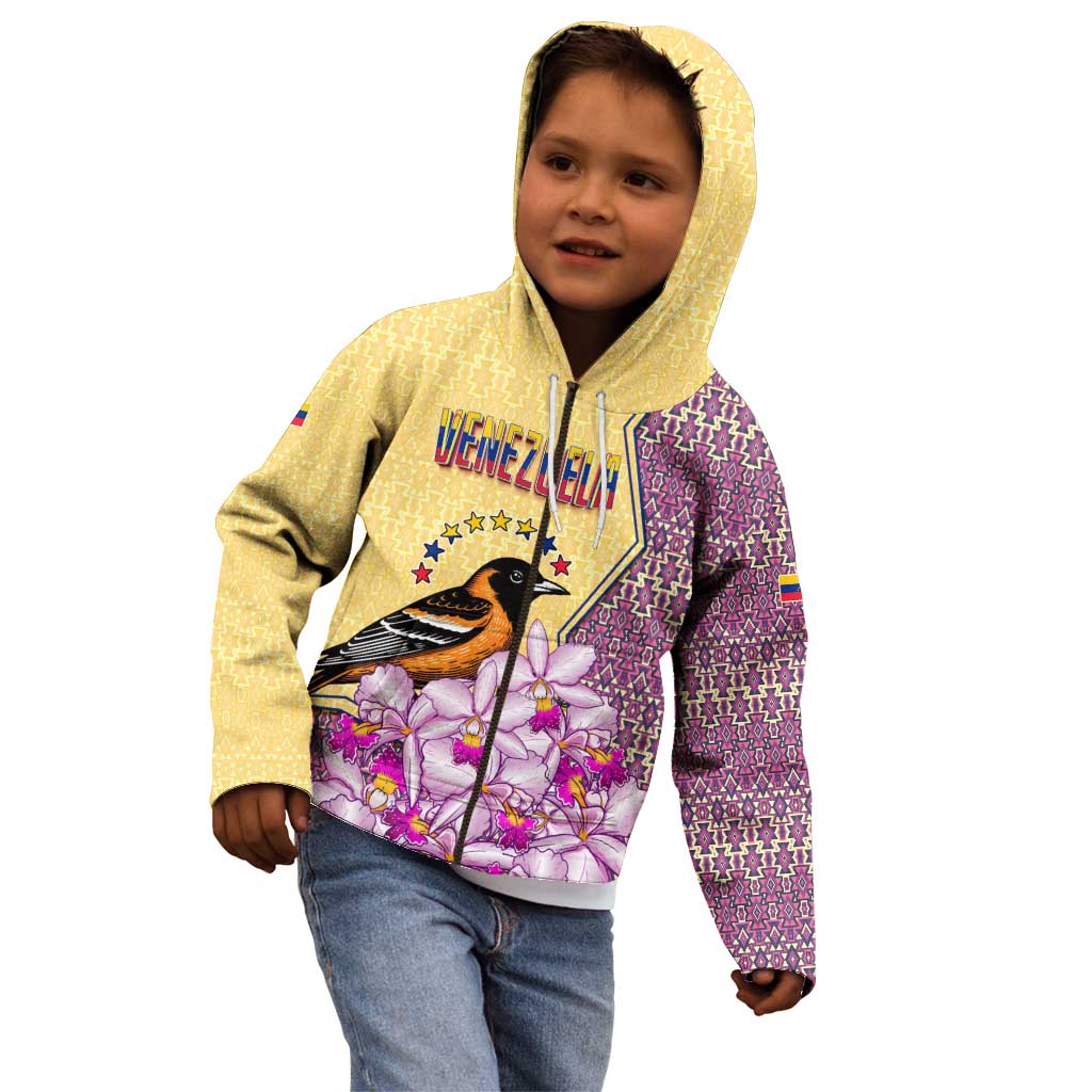 Venezuela Kid Hoodie with National Bird Orchid Flower Coat of Arms Spirit
