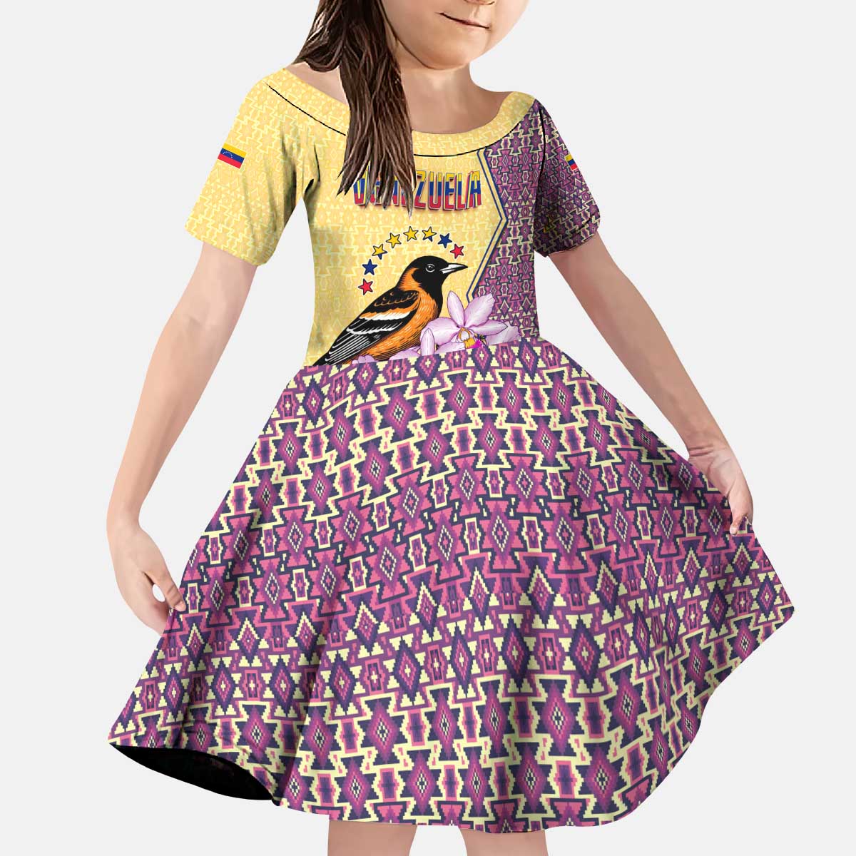 Venezuela Kid Short Sleeve Dress with National Bird Orchid Flower Coat of Arms Spirit