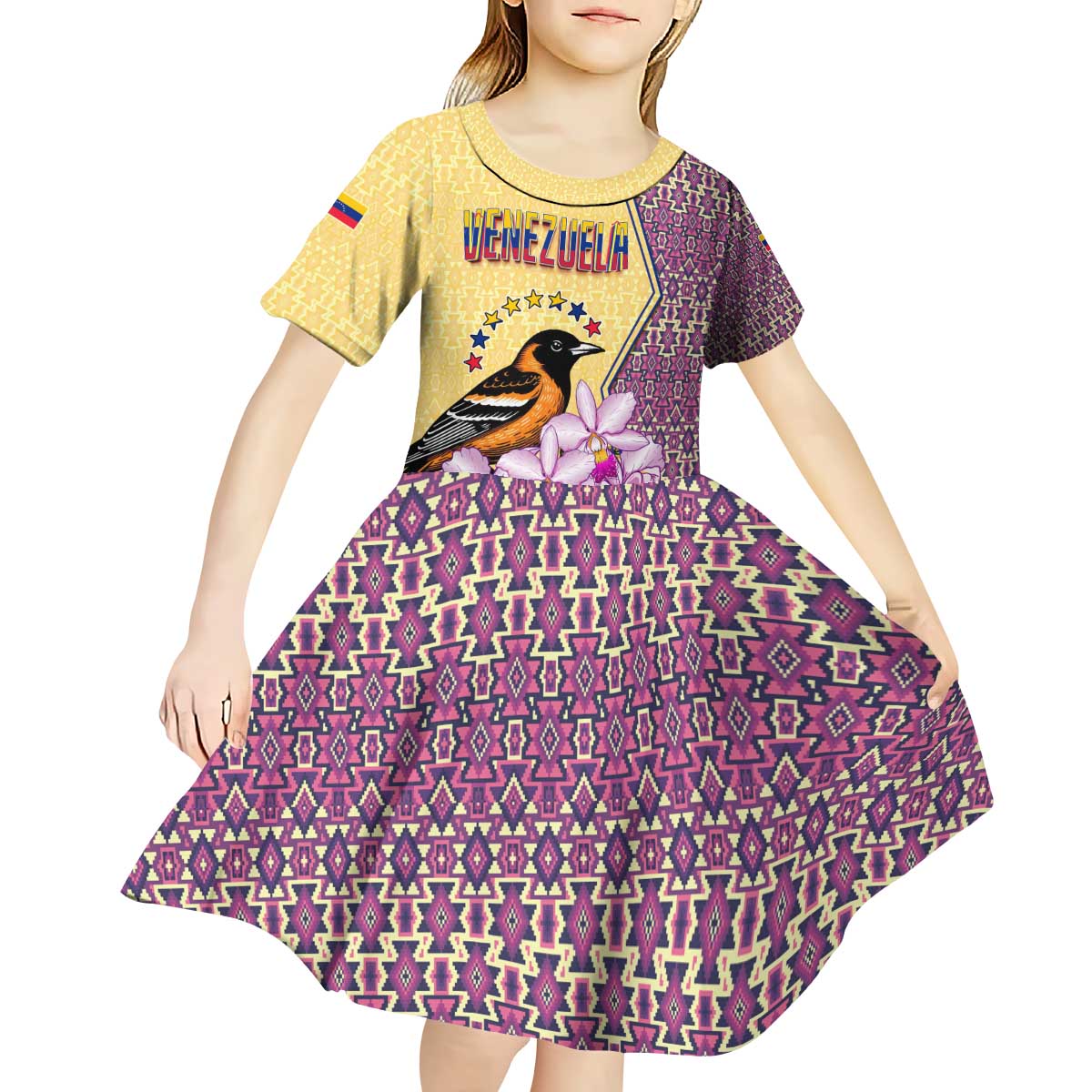 Venezuela Kid Short Sleeve Dress with National Bird Orchid Flower Coat of Arms Spirit