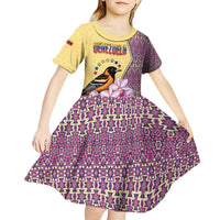 Venezuela Kid Short Sleeve Dress with National Bird Orchid Flower Coat of Arms Spirit