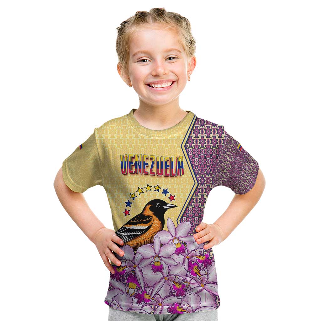 Venezuela Kid T Shirt with National Bird Orchid Flower Coat of Arms Spirit