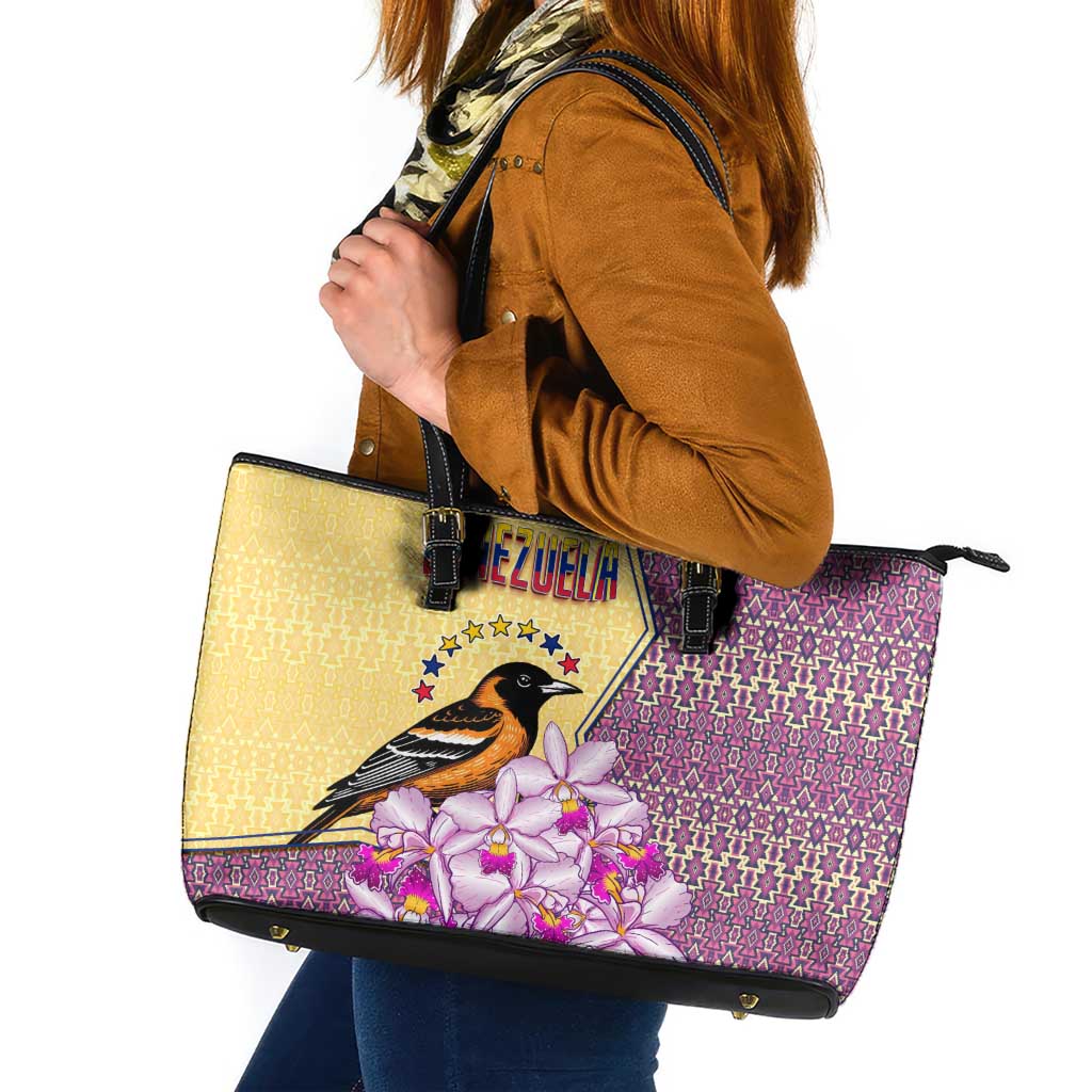 Venezuela Leather Tote Bag with National Bird Orchid Flower Coat of Arms Spirit
