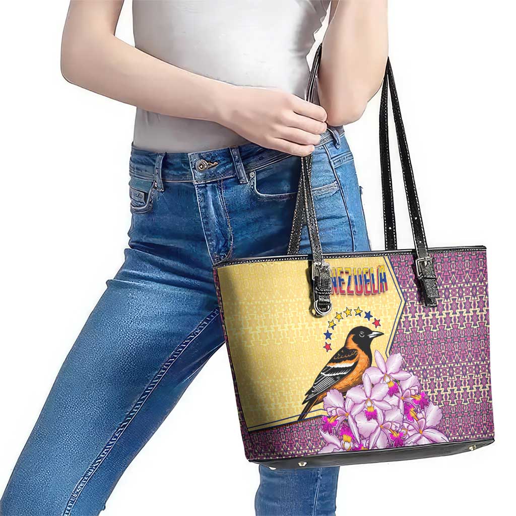 Venezuela Leather Tote Bag with National Bird Orchid Flower Coat of Arms Spirit