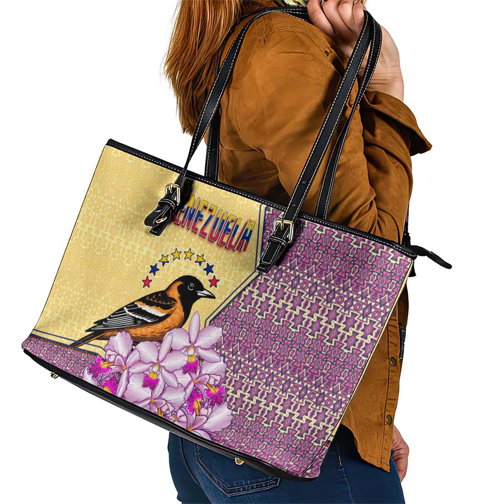 Venezuela Leather Tote Bag with National Bird Orchid Flower Coat of Arms Spirit