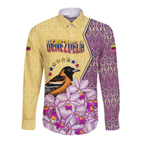 Venezuela Long Sleeve Button Shirt with National Bird Orchid Flower Coat of Arms Spirit