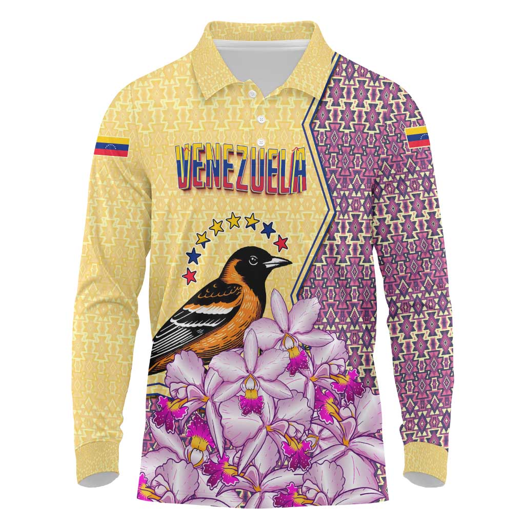 Venezuela Long Sleeve Polo Shirt with National Bird Orchid Flower Coat of Arms Spirit