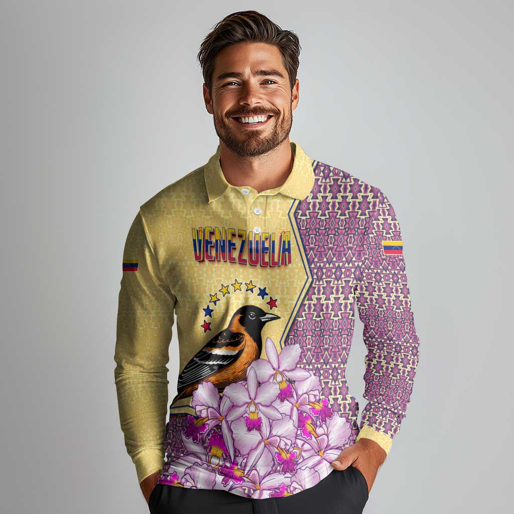 Venezuela Long Sleeve Polo Shirt with National Bird Orchid Flower Coat of Arms Spirit