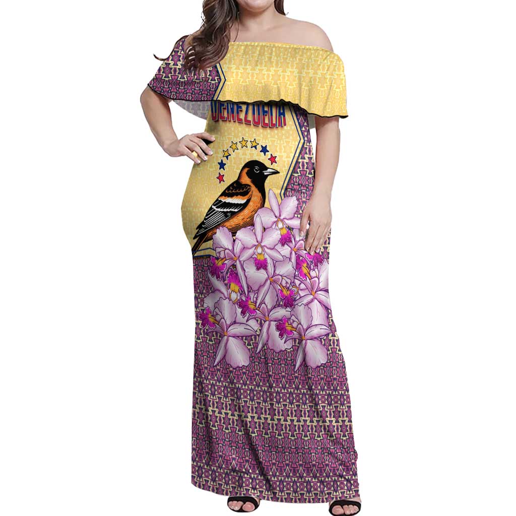 Venezuela Off Shoulder Maxi Dress with National Bird Orchid Flower Coat of Arms Spirit