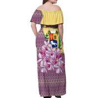 Venezuela Off Shoulder Maxi Dress with National Bird Orchid Flower Coat of Arms Spirit