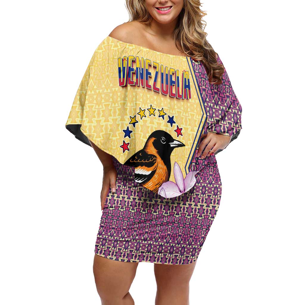 Venezuela Off Shoulder Short Dress with National Bird Orchid Flower Coat of Arms Spirit