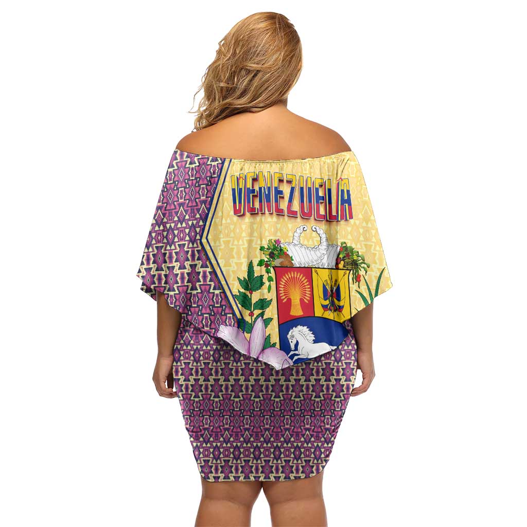 Venezuela Off Shoulder Short Dress with National Bird Orchid Flower Coat of Arms Spirit