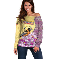 Venezuela Off Shoulder Sweater with National Bird Orchid Flower Coat of Arms Spirit