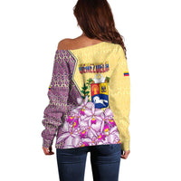 Venezuela Off Shoulder Sweater with National Bird Orchid Flower Coat of Arms Spirit