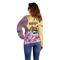 Venezuela Off Shoulder Sweater with National Bird Orchid Flower Coat of Arms Spirit