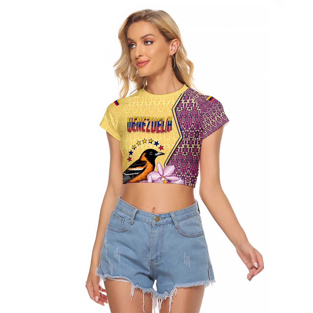 Venezuela Raglan Cropped T Shirt with National Bird Orchid Flower Coat of Arms Spirit