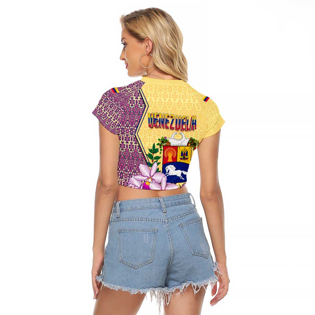 Venezuela Raglan Cropped T Shirt with National Bird Orchid Flower Coat of Arms Spirit