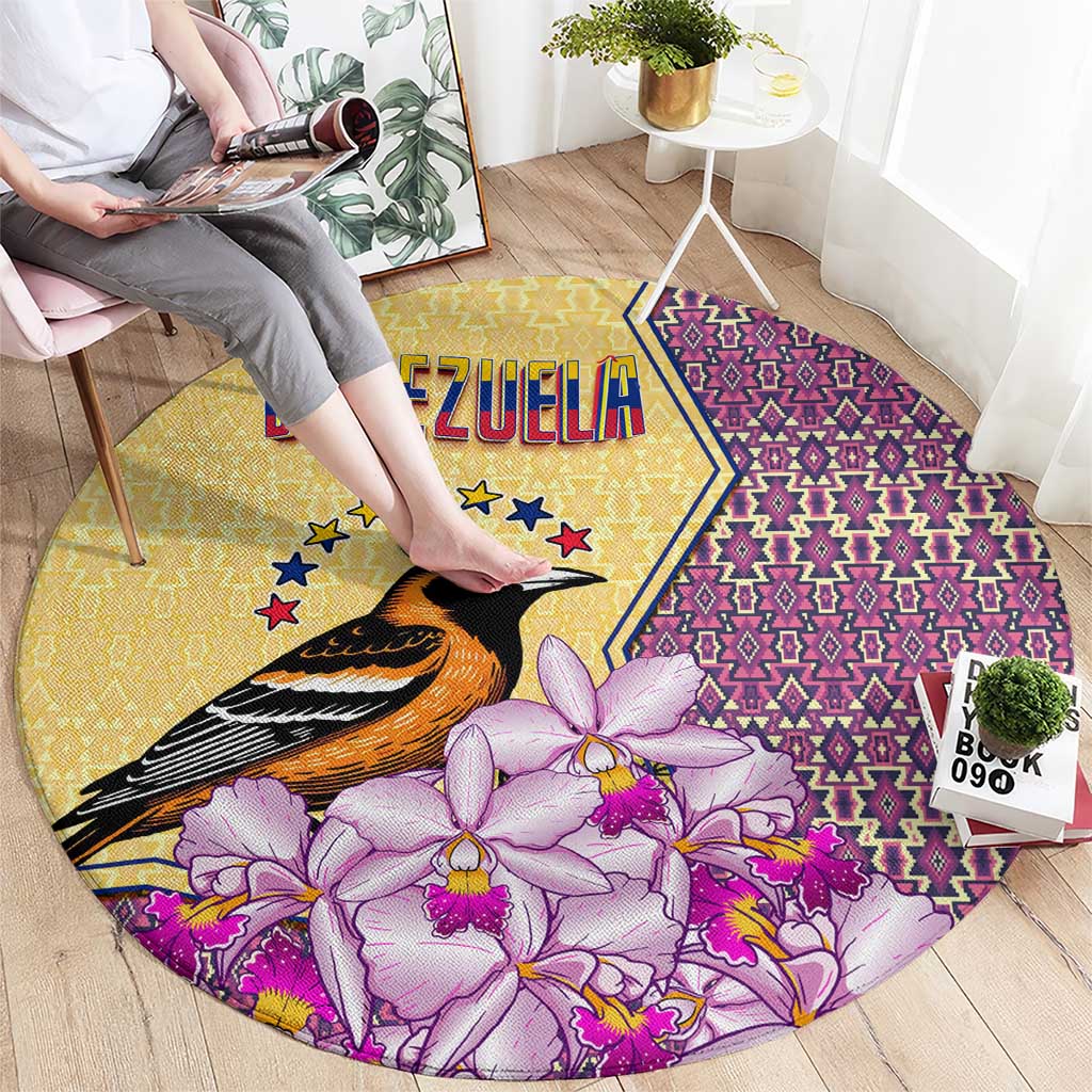 Venezuela Round Carpet with National Bird Orchid Flower Coat of Arms Spirit