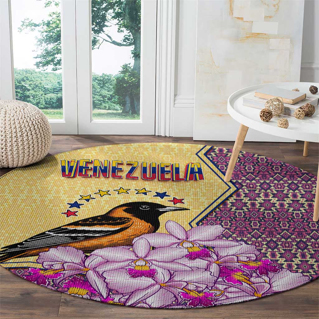 Venezuela Round Carpet with National Bird Orchid Flower Coat of Arms Spirit