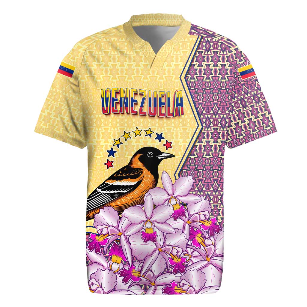 Venezuela Rugby Jersey with National Bird Orchid Flower Coat of Arms Spirit