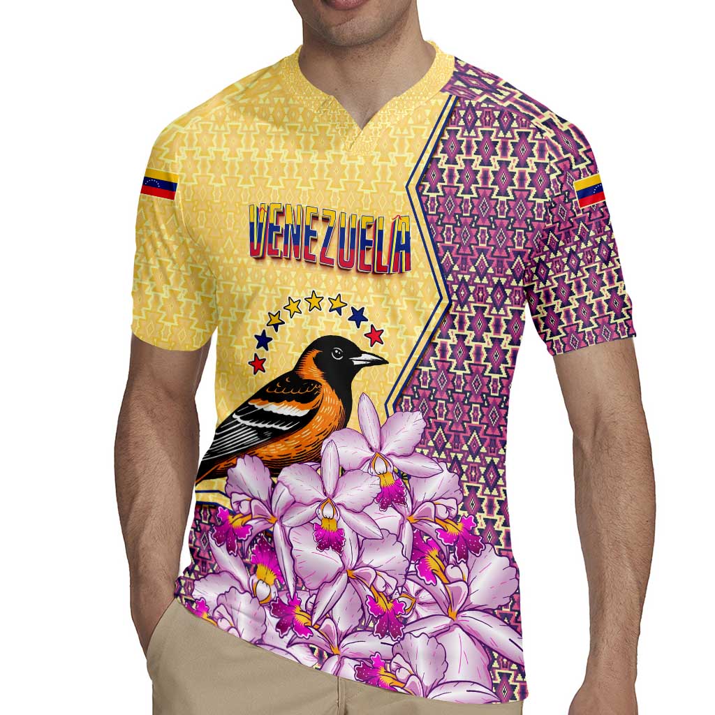 Venezuela Rugby Jersey with National Bird Orchid Flower Coat of Arms Spirit