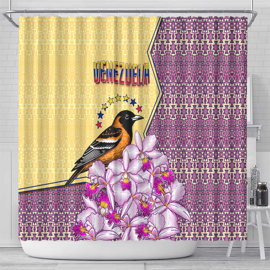 Venezuela Shower Curtain with National Bird Orchid Flower Coat of Arms Spirit