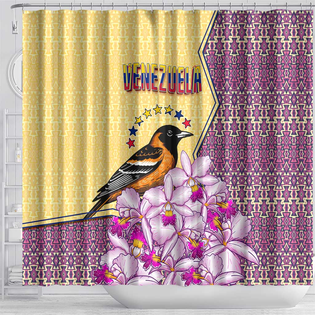 Venezuela Shower Curtain with National Bird Orchid Flower Coat of Arms Spirit