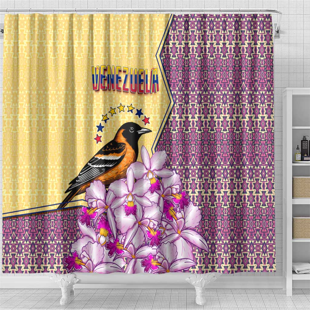 Venezuela Shower Curtain with National Bird Orchid Flower Coat of Arms Spirit