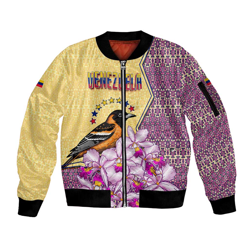 Venezuela Sleeve Zip Bomber Jacket with National Bird Orchid Flower Coat of Arms Spirit