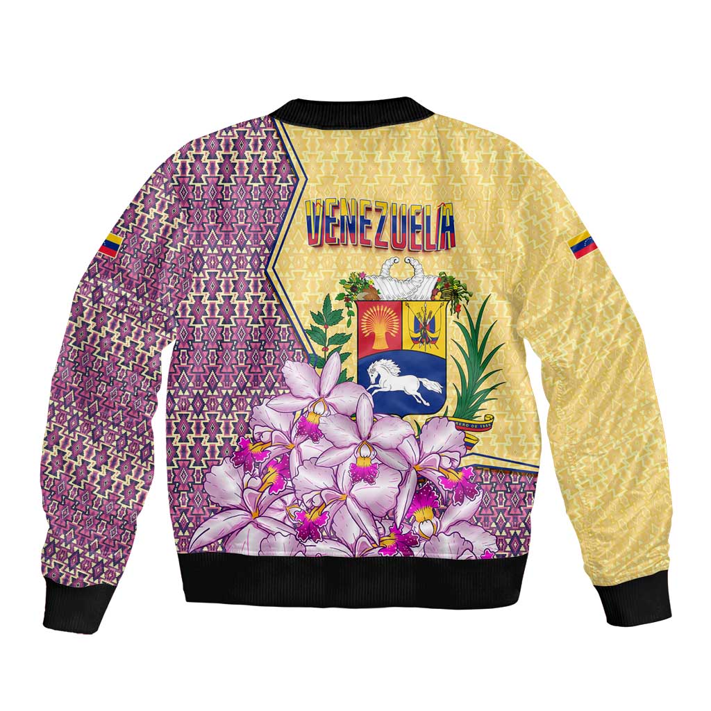 Venezuela Sleeve Zip Bomber Jacket with National Bird Orchid Flower Coat of Arms Spirit