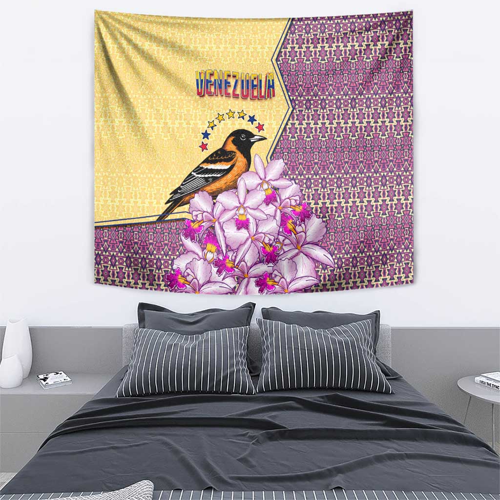 Venezuela Tapestry with National Bird Orchid Flower Coat of Arms Spirit