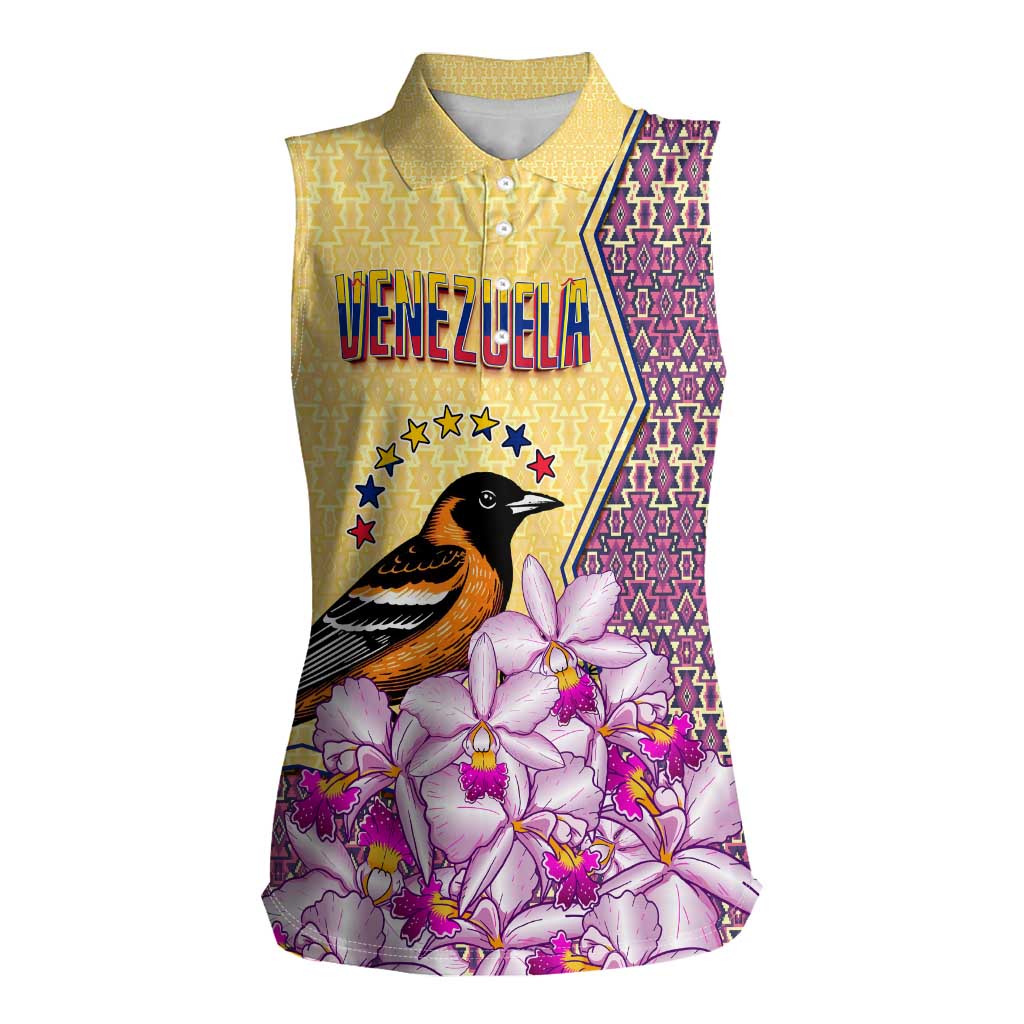 Venezuela Women Sleeveless Polo Shirt with National Bird Orchid Flower Coat of Arms Spirit